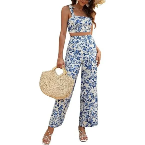 2 Piece Sets Boho Floral Crop Tank Cami Tops and Wide Leg Pants For Women